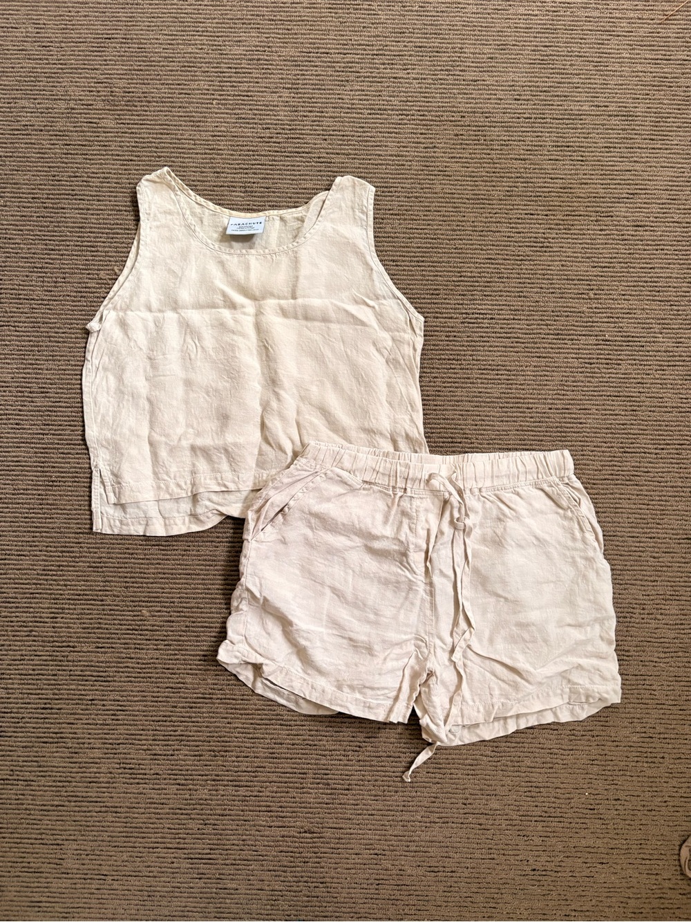 Parachute PJ set oatmeal Linen Drawstring medium Shorts and small Tank top